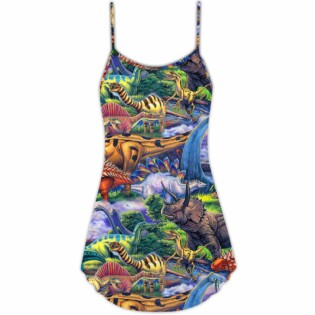 Dinosaur Art Coloful Style - V-neck Sleeveless Cami Dress - Owl Ohh - Owl Ohh