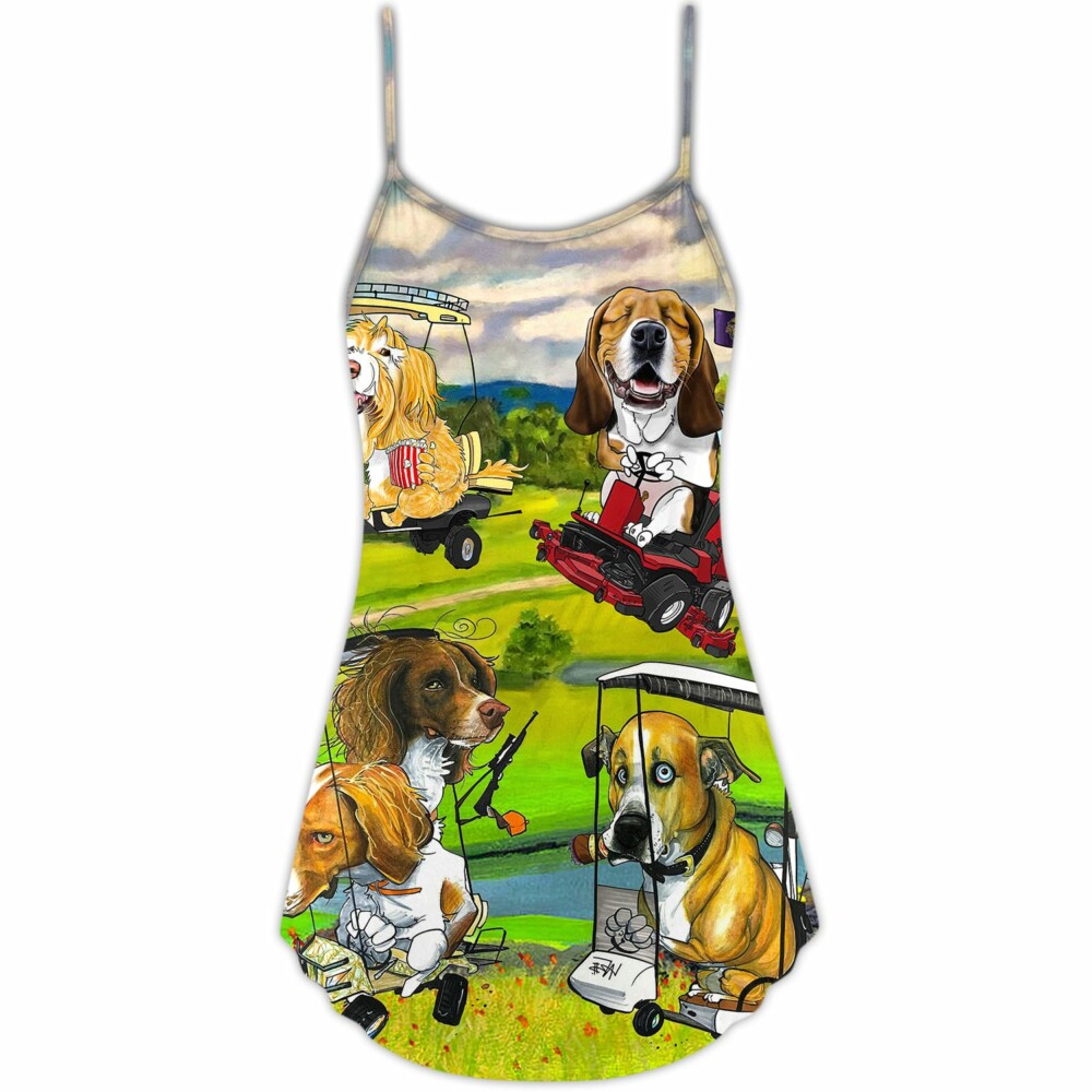 Golf Dog Driving Golf Cart Art Style - V-neck Sleeveless Cami Dress - Owl Ohh - Owl Ohh