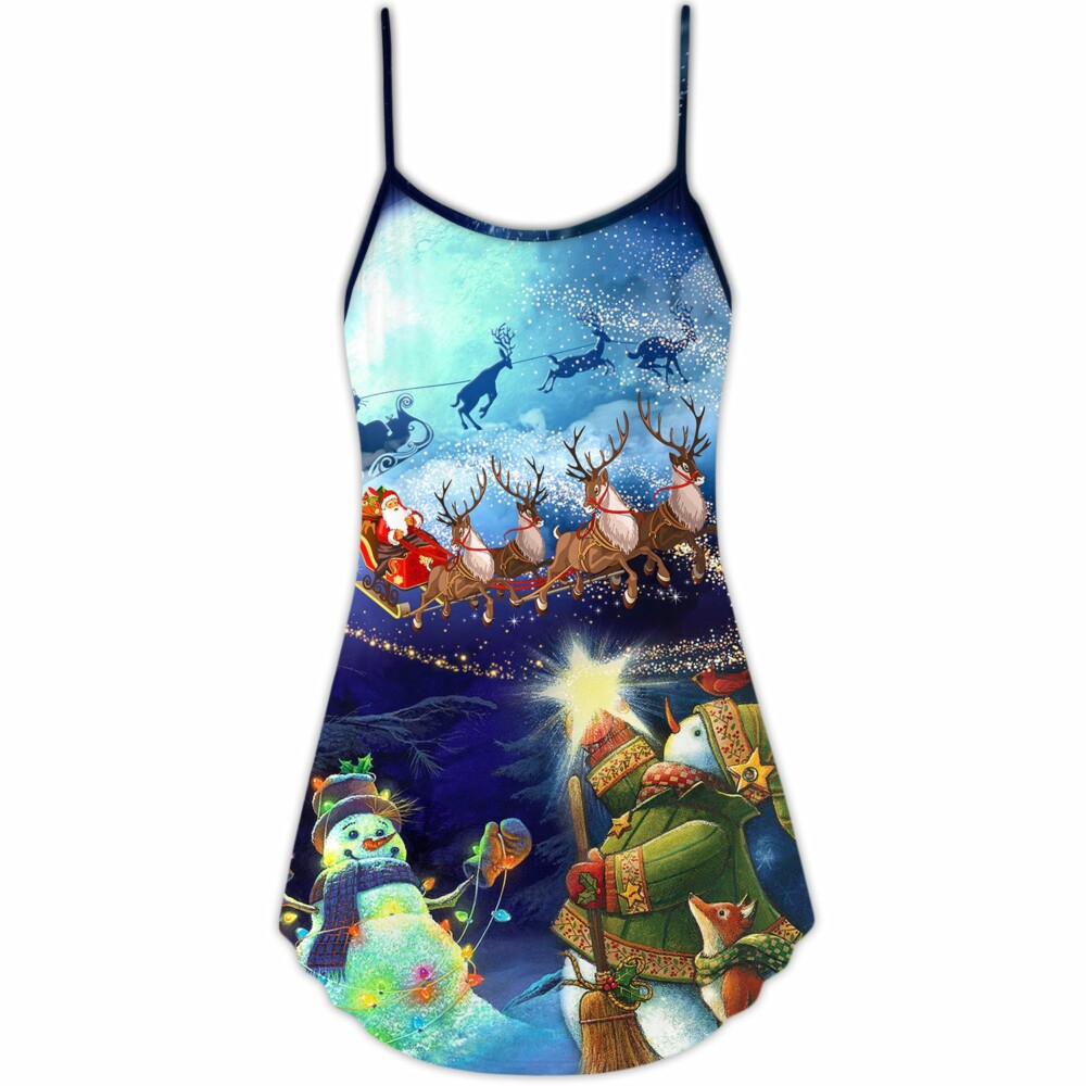 Christmas Rudolph Santa Claus Reindeer Snowman Light Art Style - V-neck Sleeveless Cami Dress - Owl Ohh - Owl Ohh