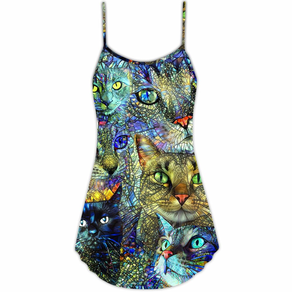 Cat Art Lover Cat Colorful Style - V-neck Sleeveless Cami Dress - Owl Ohh - Owl Ohh