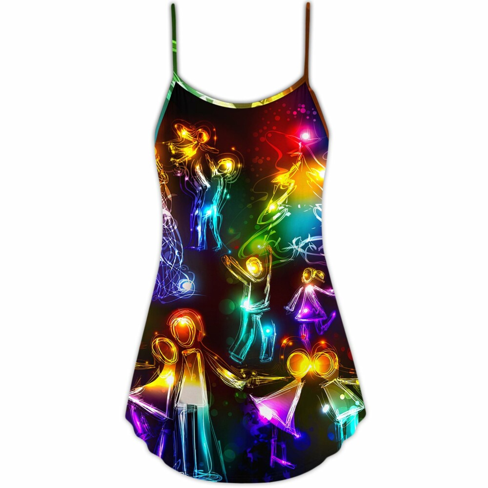 Christmas Family Happy Love Tree Neon Light Style - V-neck Sleeveless Cami Dress - Owl Ohh - Owl Ohh