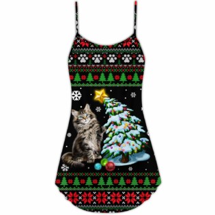 Christmas Cute Cat Wreck Tree Light Funny Ugly Style - V-neck Sleeveless Cami Dress - Owl Ohh - Owl Ohh