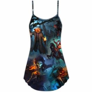 Halloween Skull Pumpkin Scary Sky Night - V-neck Sleeveless Cami Dress - Owl Ohh - Owl Ohh