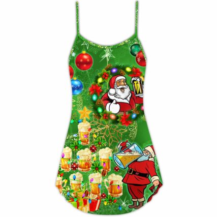 Christmas Funny Santa Claus Drinking Beer Happy Christmas Tree Green Light - V-neck - Owl Ohh - Owl Ohh