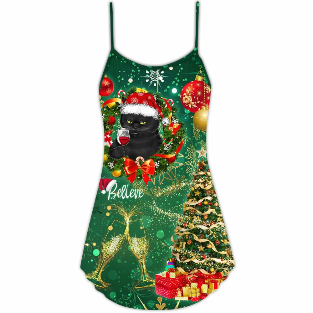 Christmas Black Cat Drinking Happy Christmas Tree Green Light - V-neck Sleeveless Cami Dress - Owl Ohh - Owl Ohh