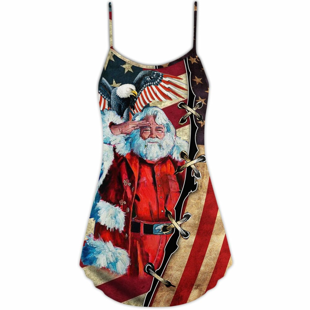 Christmas Patriot Santa Claus American Flag - V-neck Sleeveless Cami Dress - Owl Ohh - Owl Ohh
