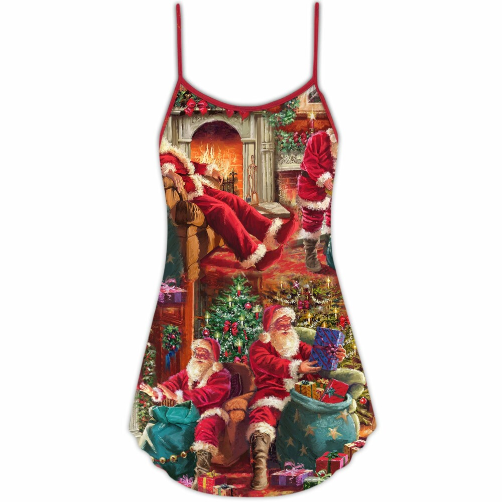 Christmas Santa Claus Story Chilling Happy Xmas Art Style - V-neck Sleeveless Cami Dress - Owl Ohh - Owl Ohh