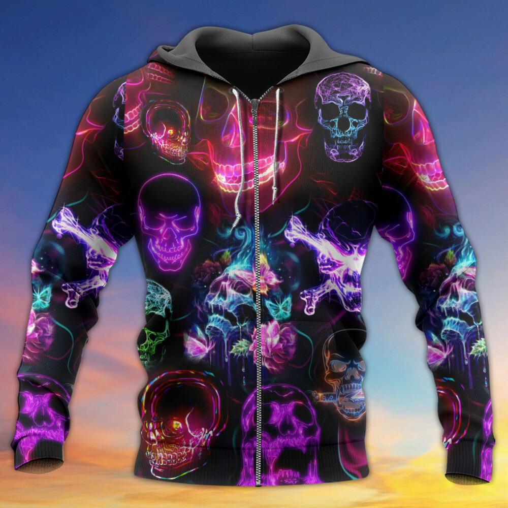 Skull Neon Art Happy Holiday - Hoodie - Owl Ohh - Owl Ohh