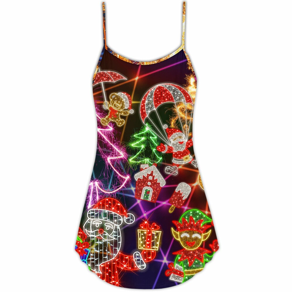 Christmas Funny Santa Claus Tree Elf Gingerbread Neon Light Style - V-neck Sleeveless Cami Dress - Owl Ohh - Owl Ohh