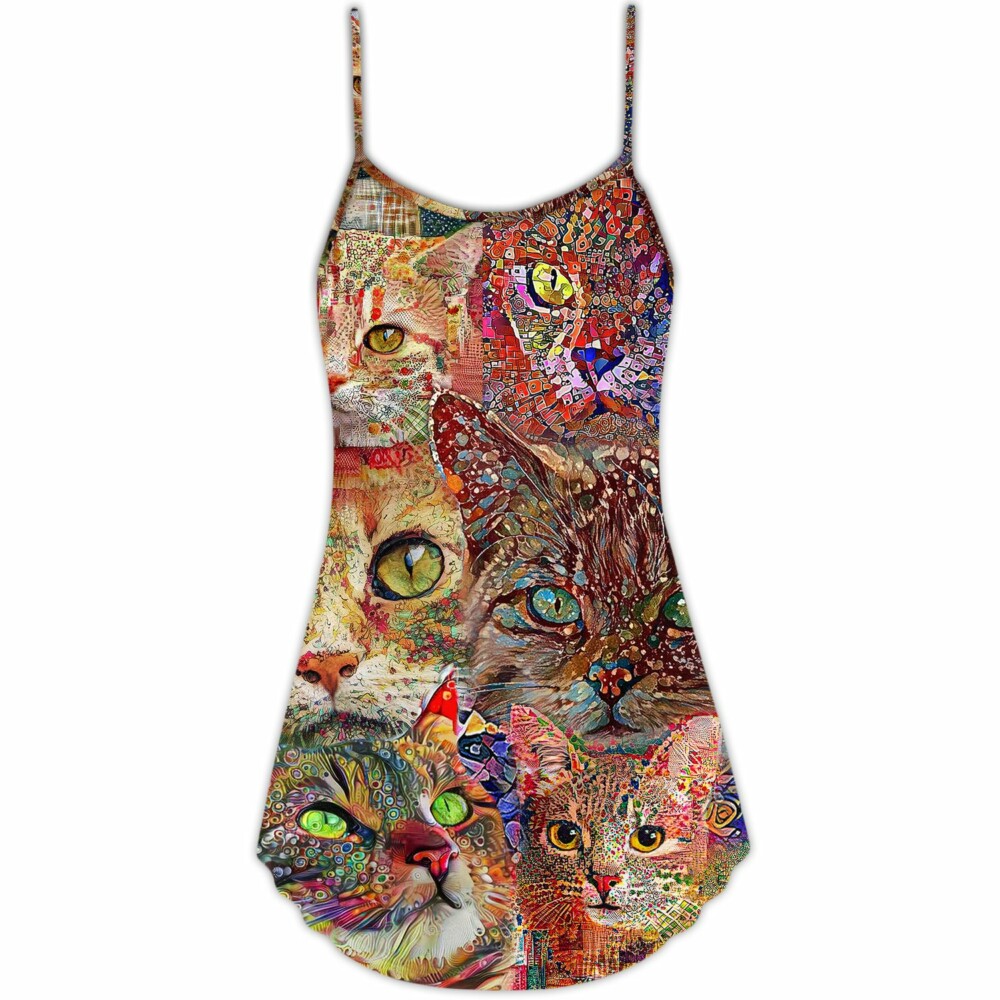 Cat Art Lover Cat Colorful - V-neck Sleeveless Cami Dress - Owl Ohh - Owl Ohh