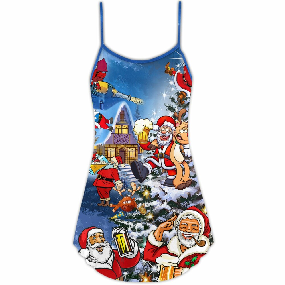 Christmas Funny Santa Claus Drinking Beer Troll Xmas - V-neck Sleeveless Cami Dress - Owl Ohh - Owl Ohh