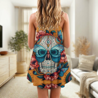 Skull And Butterfly Abstract Vintage Colorful - V-neck Sleeveless Cami Dress - Owl Ohh - Owl Ohh