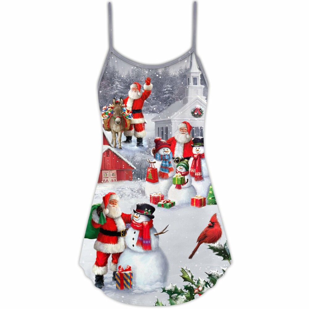 Christmas Santa Claus With Snowman Family In The Town Art Style - V-neck Sleeveless Cami Dress - Owl Ohh - Owl Ohh
