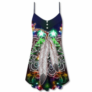 Christmas Feather Mandala Neon Art - V-neck Sleeveless Cami Dress - Owl Ohh - Owl Ohh