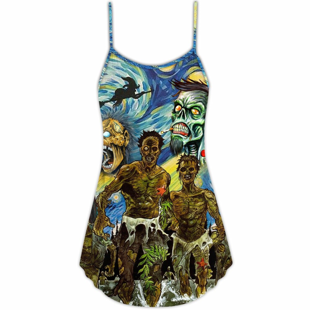Halloween Zombie Crazy Starry Night Funny Boo Art Style - V-neck Sleeveless Cami Dress - Owl Ohh - Owl Ohh