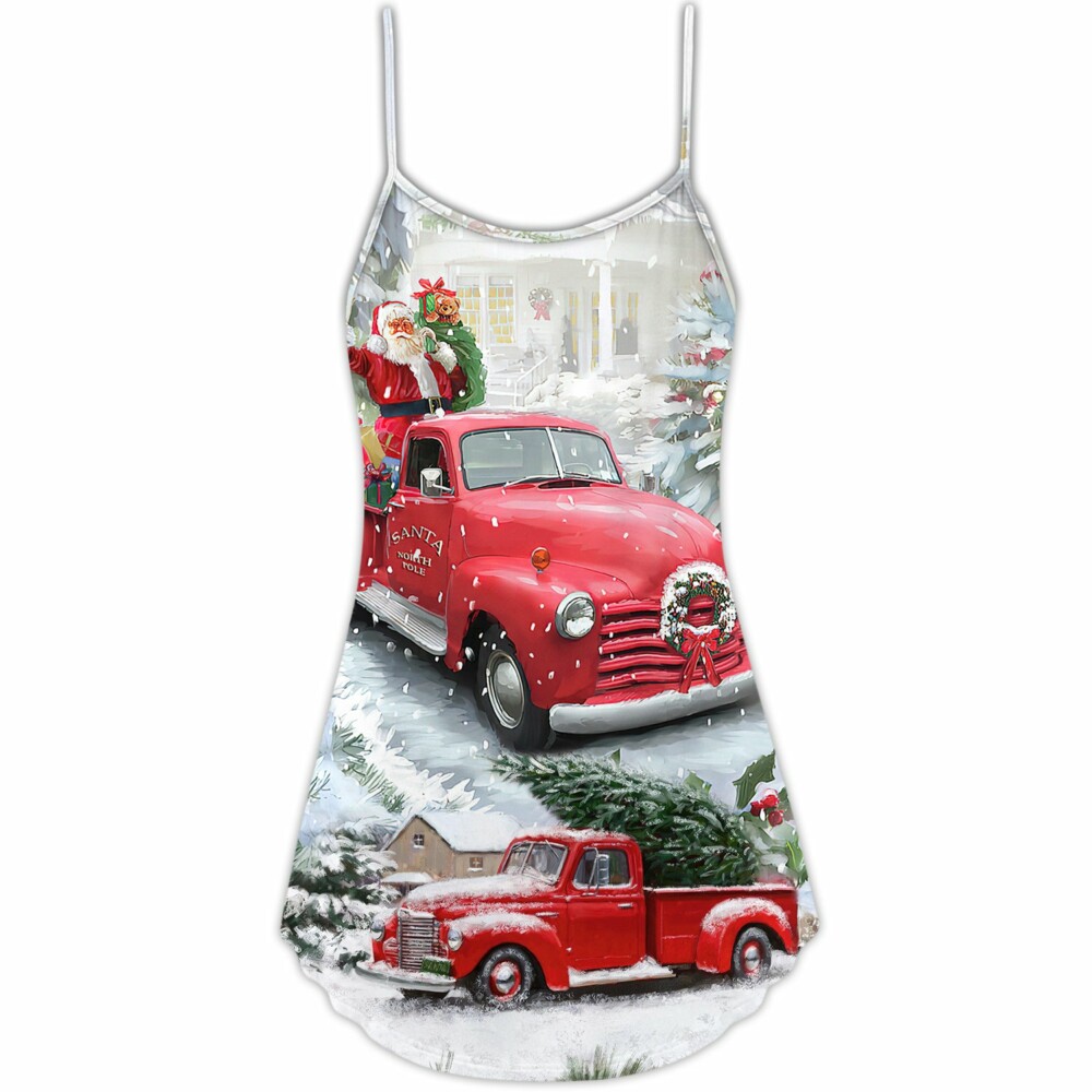 Christmas Santa Claus Red Truck Xmas Is Coming Art Style - V-neck Sleeveless Cami Dress - Owl Ohh - Owl Ohh