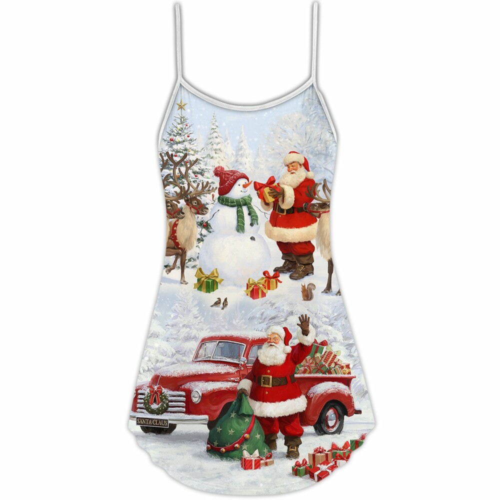Christmas Santa Claus Gift For Xmas Snow Painting Style - V-neck Sleeveless Cami Dress - Owl Ohh - Owl Ohh