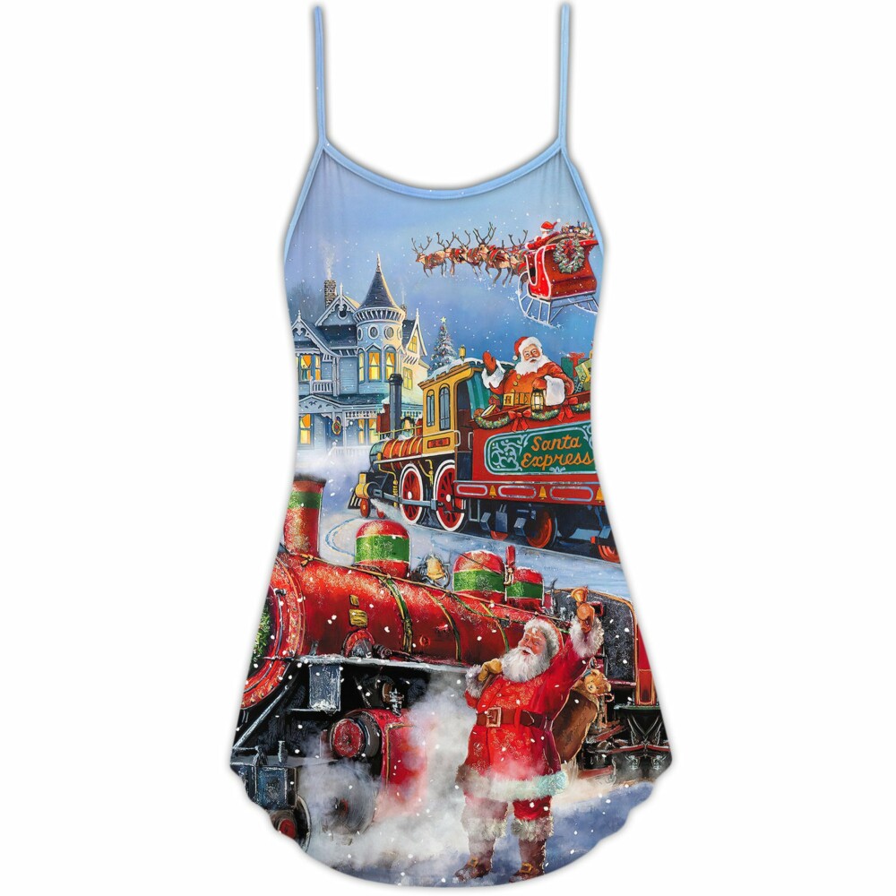 Christmas Santa Claus Train Gift For Xmas Painting Style - V-neck Sleeveless Cami Dress - Owl Ohh - Owl Ohh
