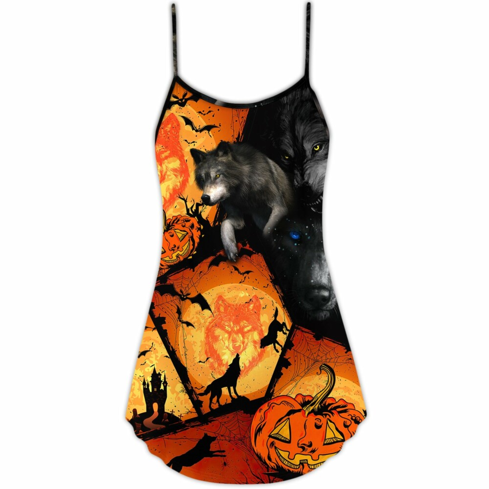 Halloween Wolf Pumpkin Scary - V-neck Sleeveless Cami Dress - Owl Ohh - Owl Ohh