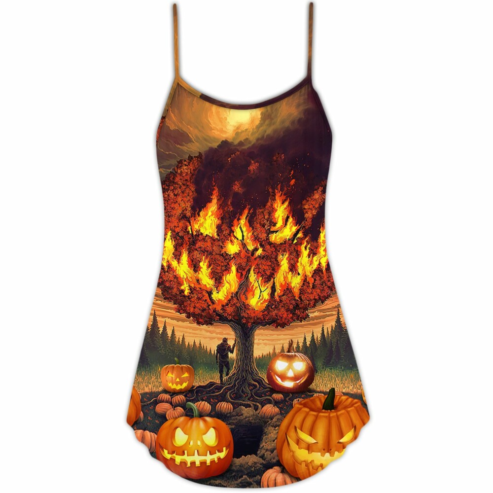 Halloween Pumpkin Burning Crazy Style - V-neck Sleeveless Cami Dress - Owl Ohh - Owl Ohh