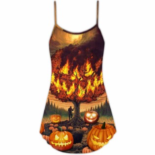 Halloween Pumpkin Burning Crazy Style - V-neck Sleeveless Cami Dress - Owl Ohh - Owl Ohh