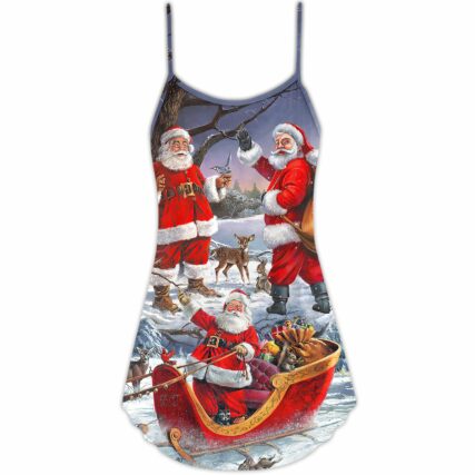 Christmas Funny Santa Claus Happy Xmas Is Coming Art Style High - V-neck Sleeveless Cami Dress - Owl Ohh - Owl Ohh