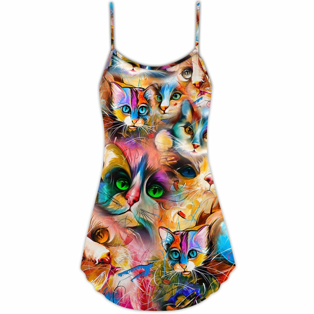 Cat Art Lover Cat Colorful Mixer Style - V-neck Sleeveless Cami Dress - Owl Ohh - Owl Ohh