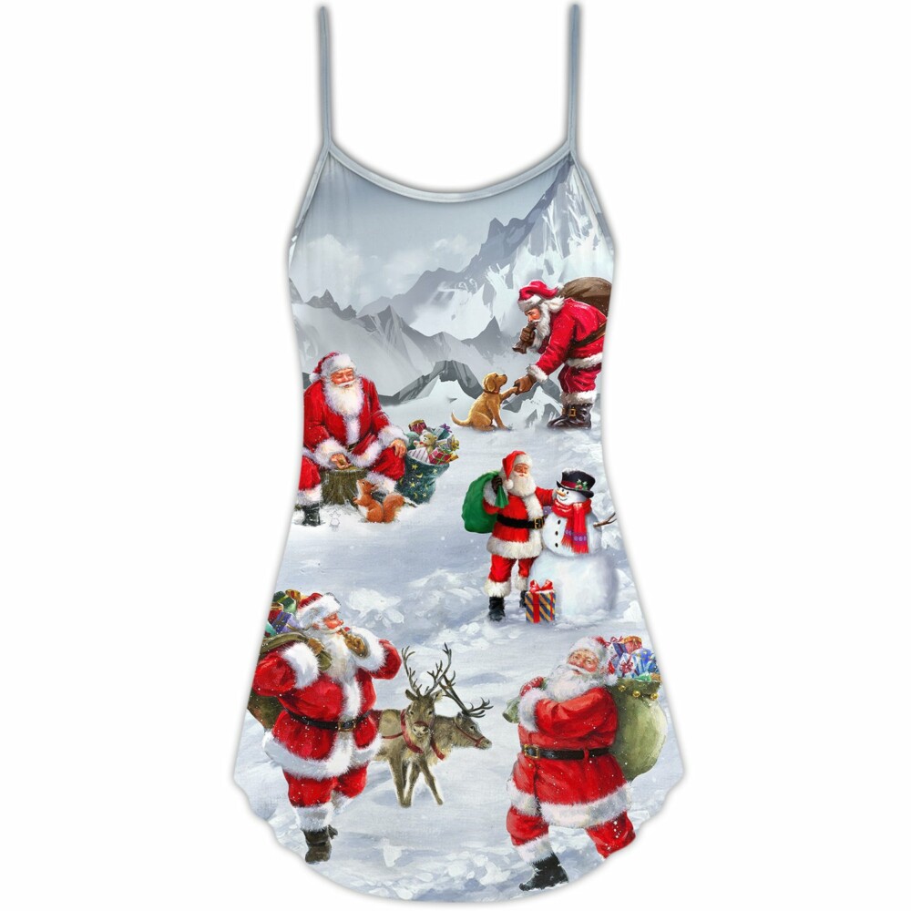 Christmas Santa Claus In The Snow Mountain Art Style - V-neck Sleeveless Cami Dress - Owl Ohh - Owl Ohh