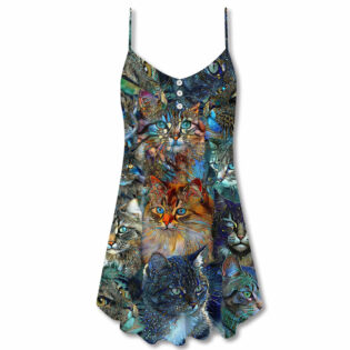 Cat Glass Art Colorful Cat Lover - V-neck Sleeveless Cami Dress - Owl Ohh - Owl Ohh