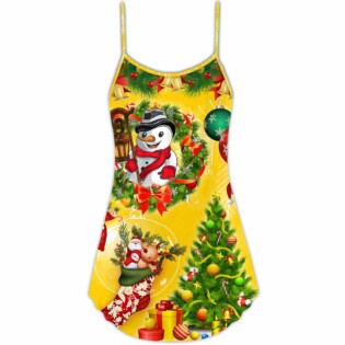 Christmas Funny Snowman Happy Christmas Tree Yellow Light - V-neck Sleeveless Cami Dress - Owl Ohh - Owl Ohh