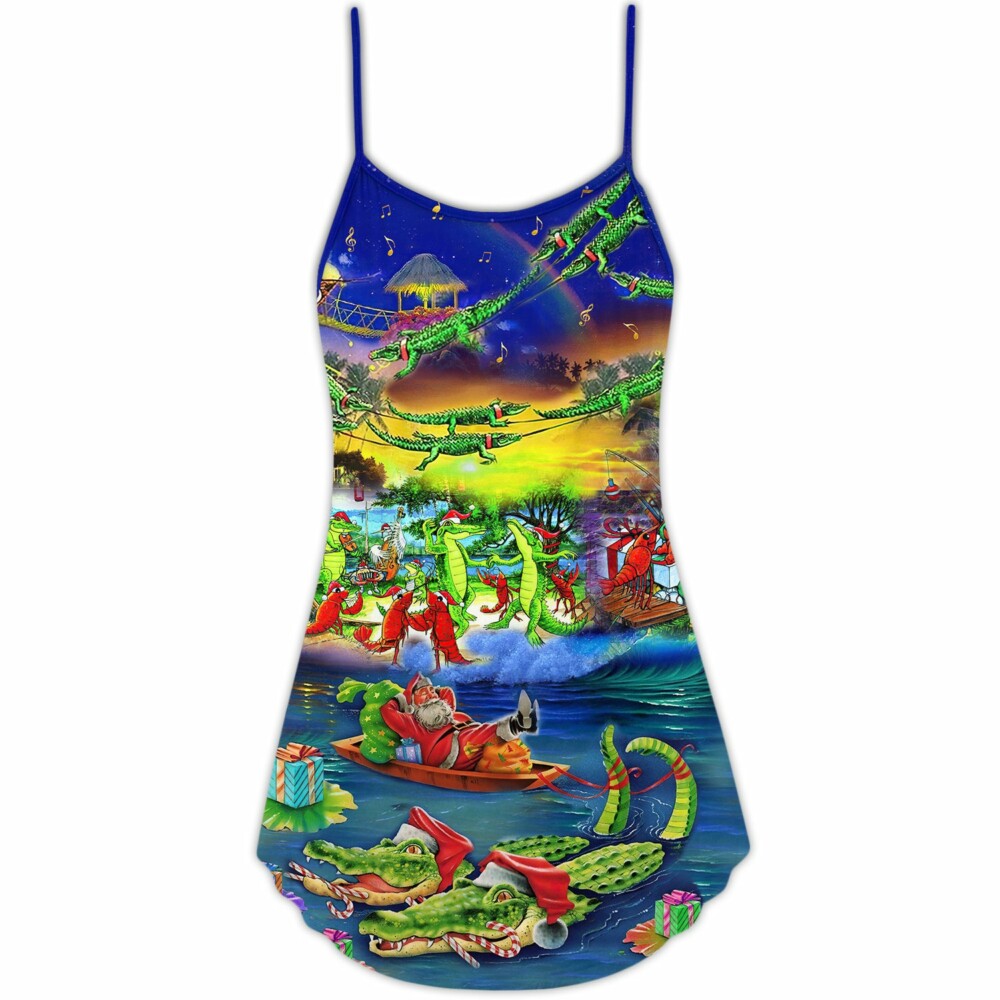 Christmas Santa Riding Alligator - V-neck Sleeveless Cami Dress - Owl Ohh - Owl Ohh