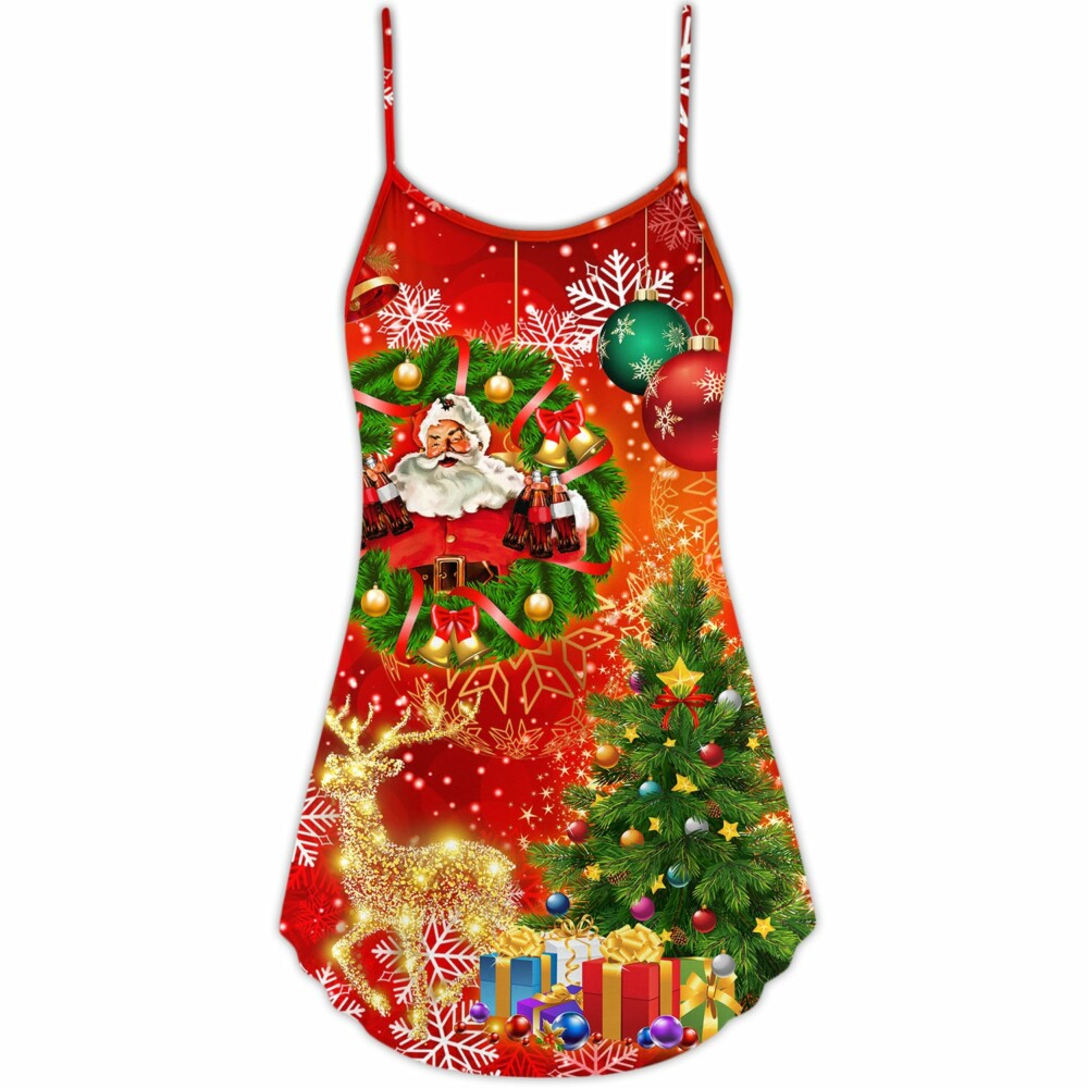 Christmas Santa Claus Drinking Christmas Tree Red Light - V-neck Sleeveless Cami Dress - Owl Ohh - Owl Ohh