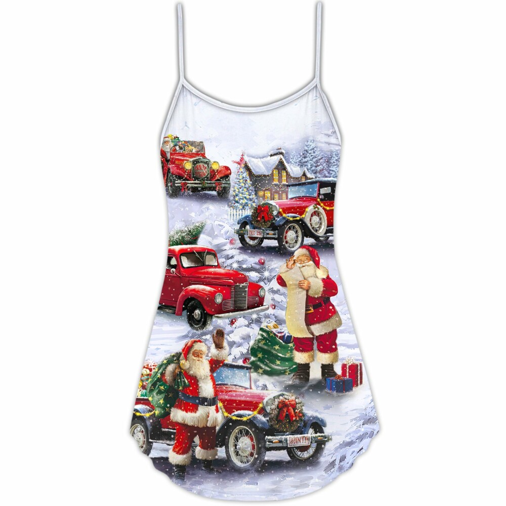 Christmas Santa Claus Funny Red Truck Gift For Xmas Painting Style - V-neck Sleeveless - Owl Ohh - Owl Ohh