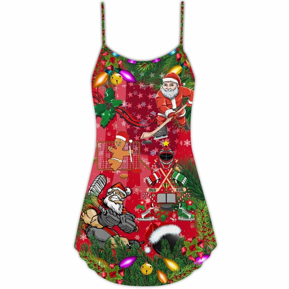 Christmas Come On Play Hockey With Santa Claus And Reindeer - V-neck Sleeveless Cami Dress - Owl Ohh - Owl Ohh