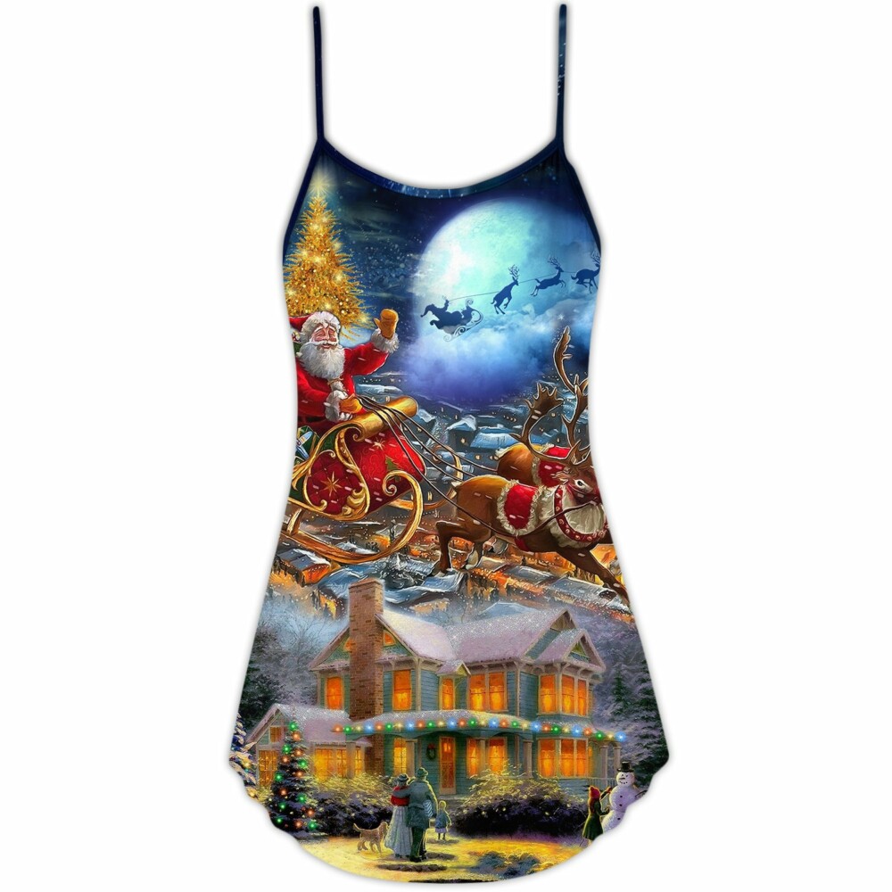 Christmas Santa Claus Snowman Family In Love Light Art Style - V-neck Sleeveless Cami Dress - Owl Ohh - Owl Ohh