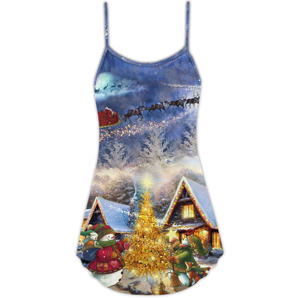 Christmas Santa Claus Reindeer Snowman Family In Love Gift Light Art Style - V-neck Sleeveless Cami Dress - Owl Ohh - Owl Ohh
