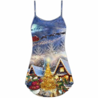 Christmas Santa Claus Reindeer Snowman Family In Love Gift Light Art Style - V-neck Sleeveless Cami Dress - Owl Ohh - Owl Ohh