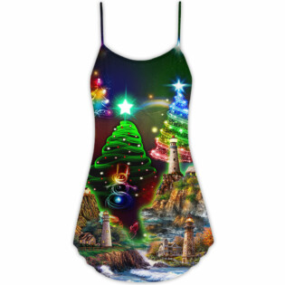 Lighthouse And Merry Christmas Happy - V-neck Sleeveless Cami Dress - Owl Ohh - Owl Ohh