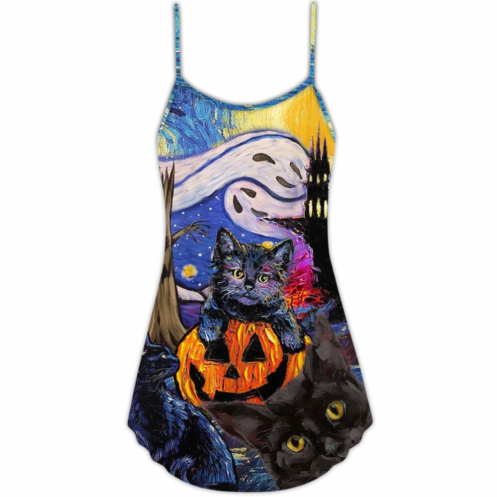 Halloween Black Cat Starry Night Funny Cat Painting Art Style - V-neck Sleeveless Cami Dress - Owl Ohh - Owl Ohh