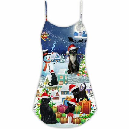Black Cat Merry Catmas Christmas - V-neck Sleeveless Cami Dress - Owl Ohh - Owl Ohh