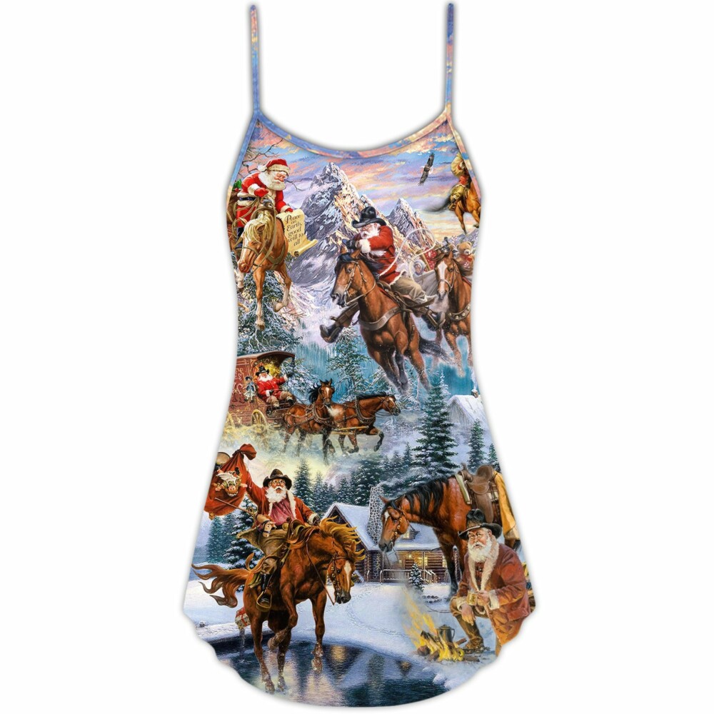 Christmas Santa Claus Riding Horse Snow Mountain - V-neck Sleeveless Cami Dress - Owl Ohh - Owl Ohh