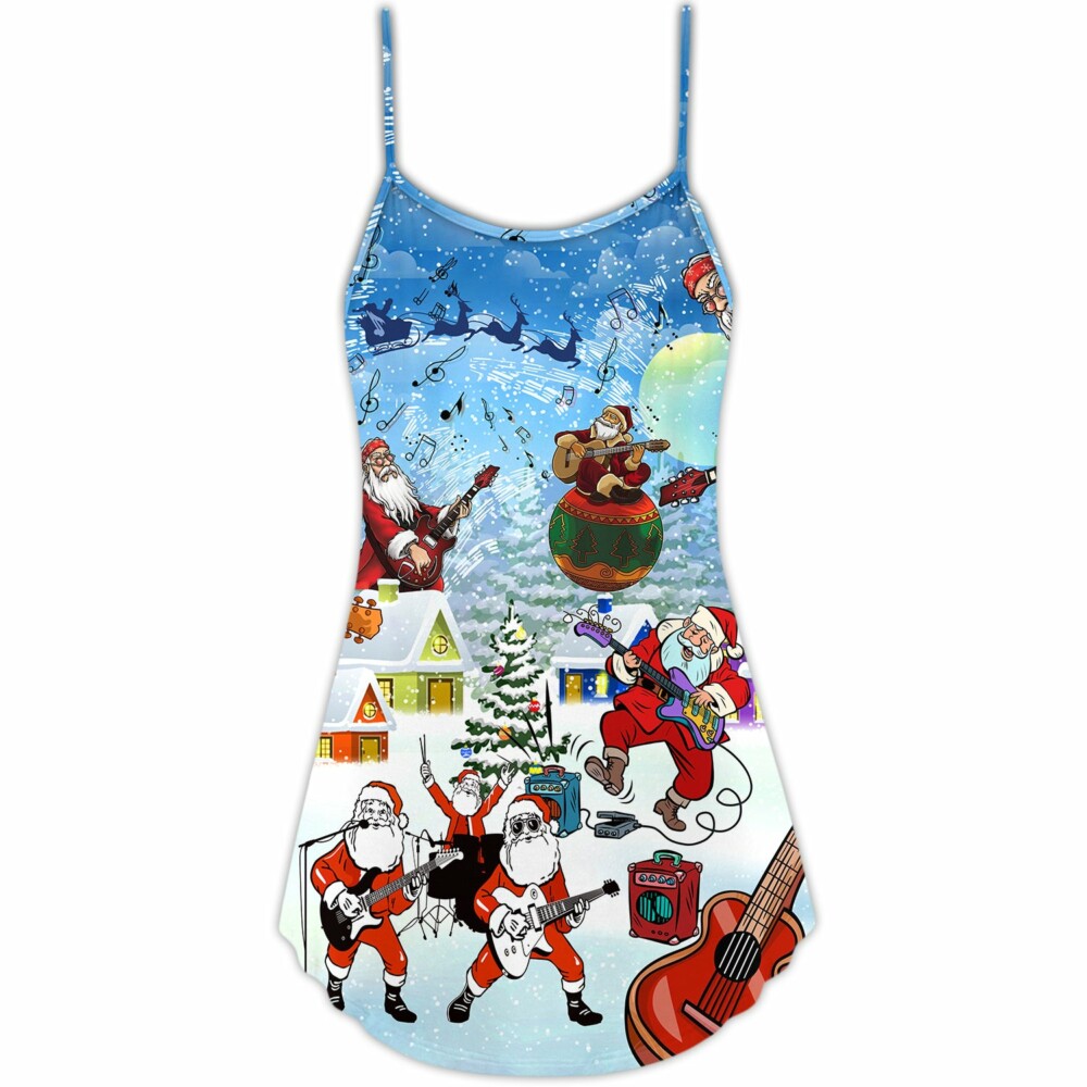 Christmas Santa Loves Music And Guitar - V-neck Sleeveless Cami Dress - Owl Ohh - Owl Ohh