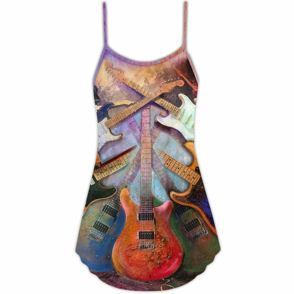 Guitar Abstract Colorful Lover Guitar Art Style - V-neck Sleeveless Cami Dress - Owl Ohh - Owl Ohh