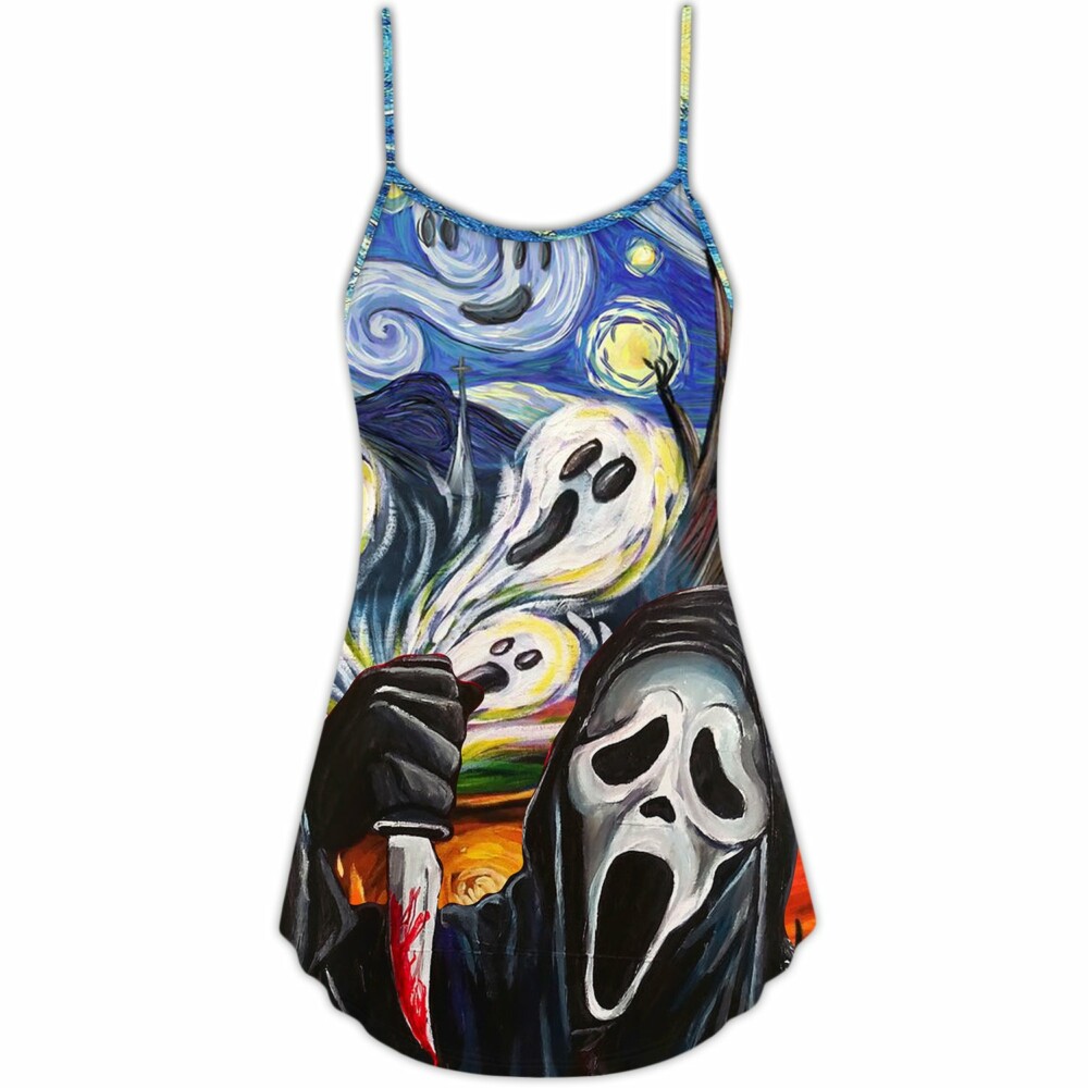 Halloween Ghost Scream Starry Night Funny Boo Art Style - V-neck Sleeveless Cami Dress - Owl Ohh - Owl Ohh