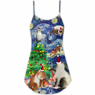 Christmas Cat Playing In Starry Night - V-neck Sleeveless Cami Dress - Owl Ohh - Owl Ohh