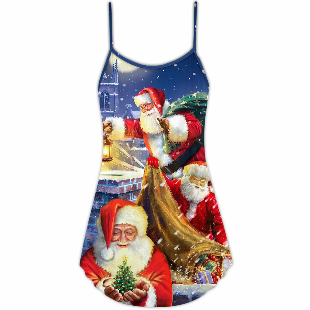 Christmas Funny Santa Claus Up On Rooftop Art Style - V-neck Sleeveless Cami Dress - Owl Ohh - Owl Ohh