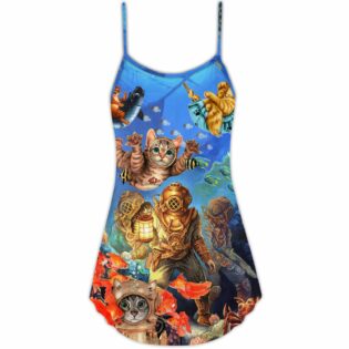 Diving Cat Under The Sea Art Style - V-neck Sleeveless Cami Dress - Owl Ohh - Owl Ohh
