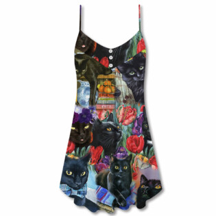 Black Cat Art With Flowers - V-neck Sleeveless Cami Dress - Owl Ohh - Owl Ohh