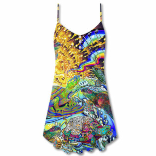 Hippie Turtle Colorful Art Peace - V-neck Sleeveless Cami Dress - Owl Ohh - Owl Ohh