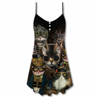 Cat Steampunk Art Machines Lover - V-neck Sleeveless Cami Dress - Owl Ohh - Owl Ohh